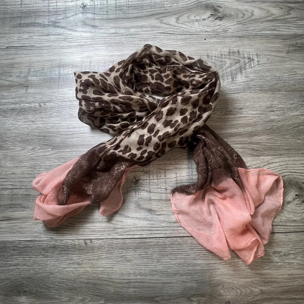 Ain Khalil Scarf Womens OS Pink Brown Leopard Print Glitter Lace‎ Trim Wrap